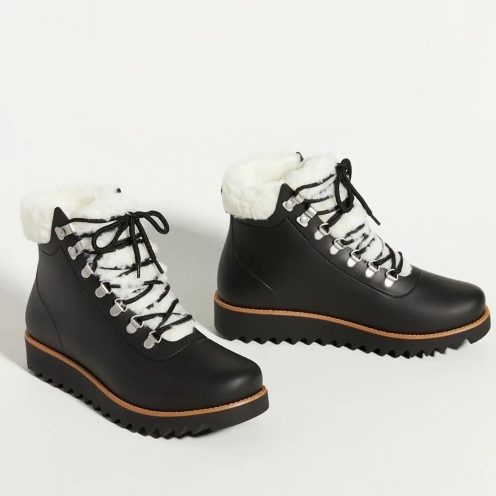 NWT Anthropologie Black Rubber Cream Sherpa Lace Up Snow Rain Boots Size 6
